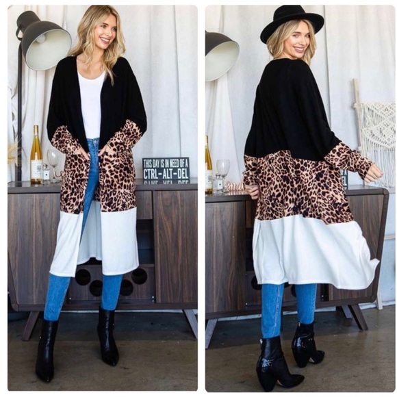 💼 Leopard / Animal Print Open Cardigan w/ Color Block - Picture 2 of 4